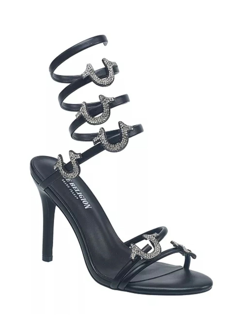 True Religion Tiana Black Rhinestone Spiral-Strap High Heel Sandal - Size 8